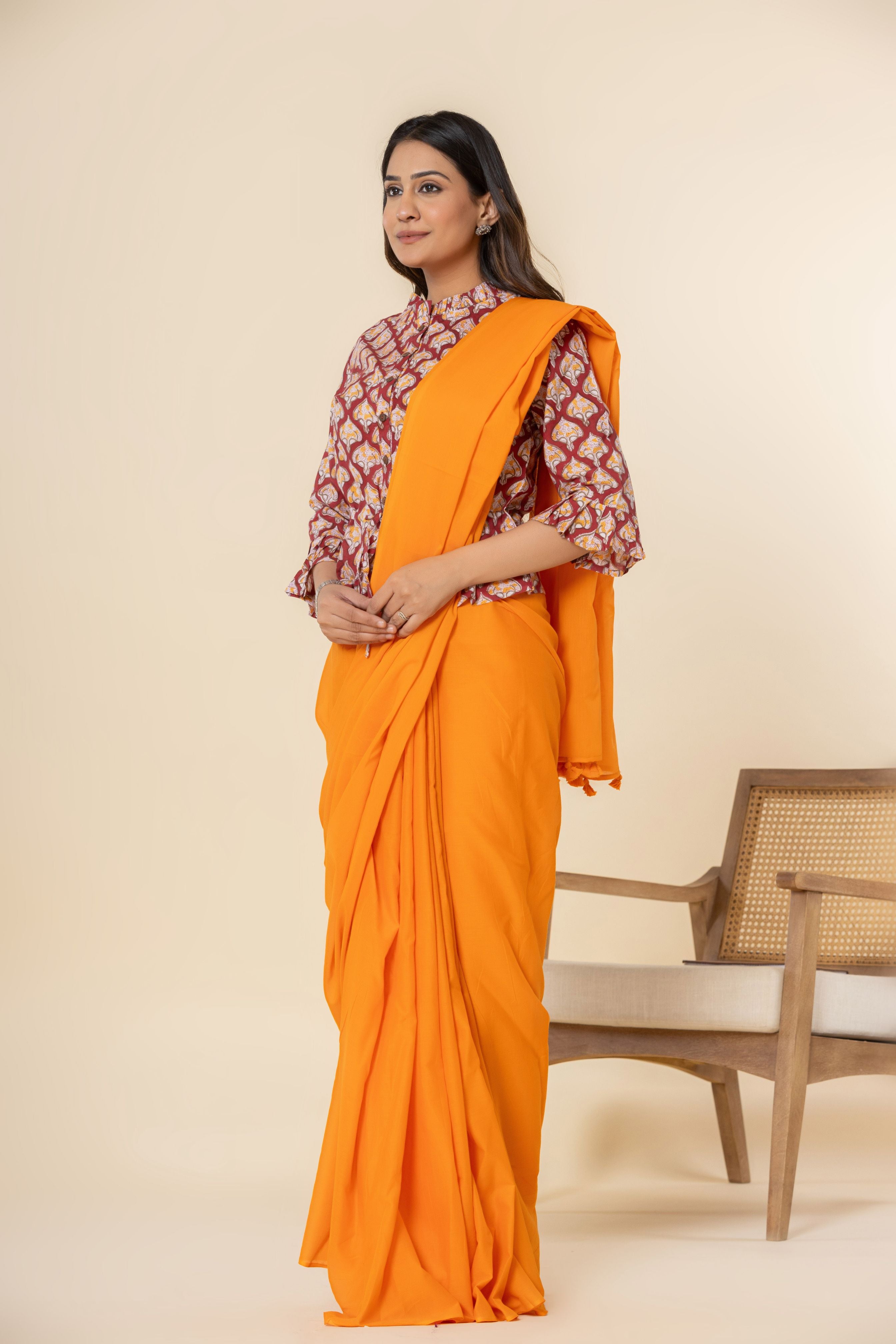Sunrise Orange Dyed Mul Mul Cotton Saree with Tassels (without Blouse)