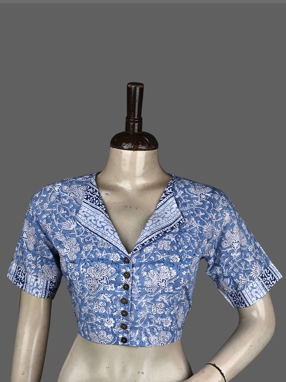 Aasmani Blue Jaal Overlap Collar Hand Block Printed Cotton Blouse