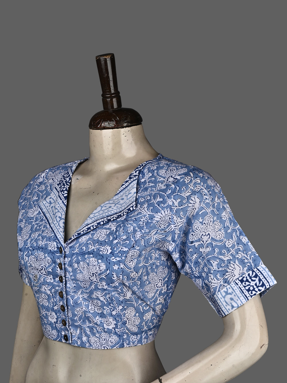 Aasmani Blue Jaal Overlap Collar Hand Block Printed Cotton Blouse