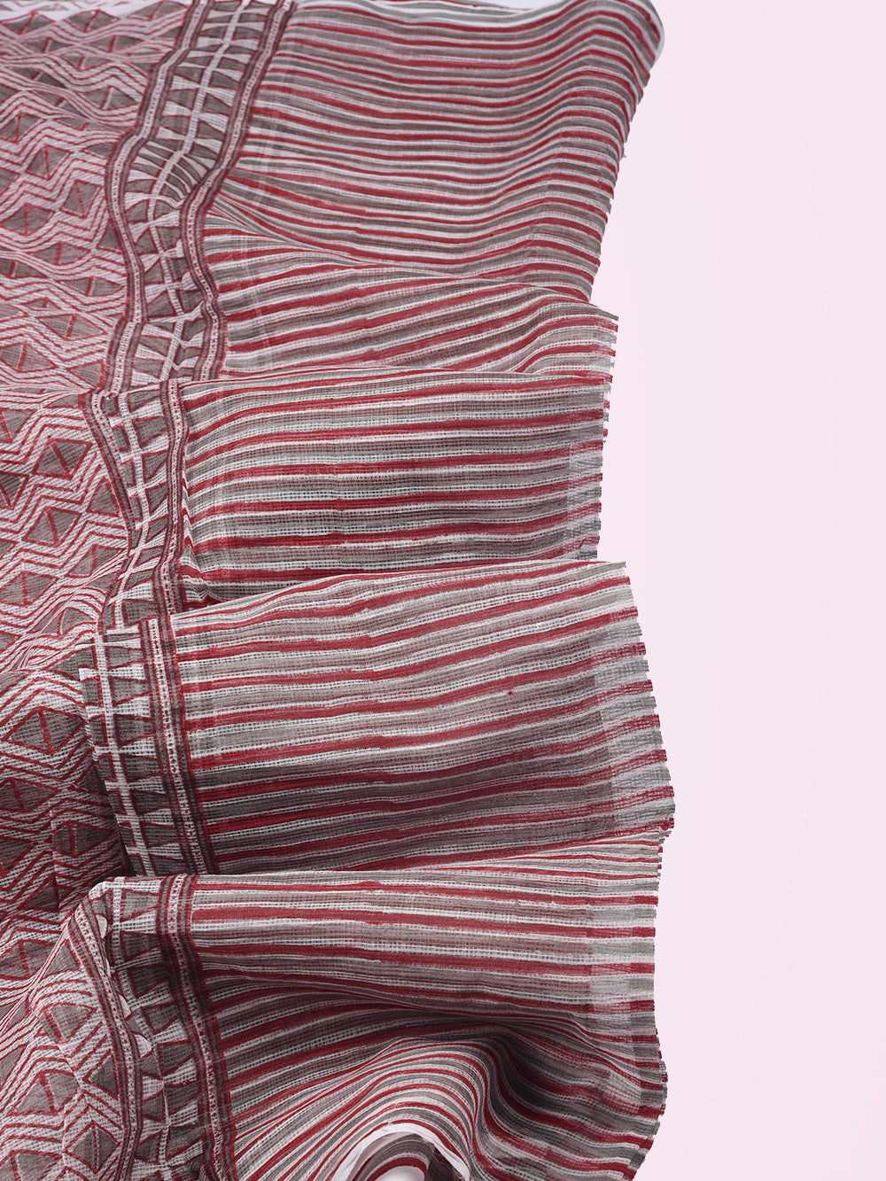 Red & Grey Stripes Hand Block Printed Pattern Kota Doria Dupatta