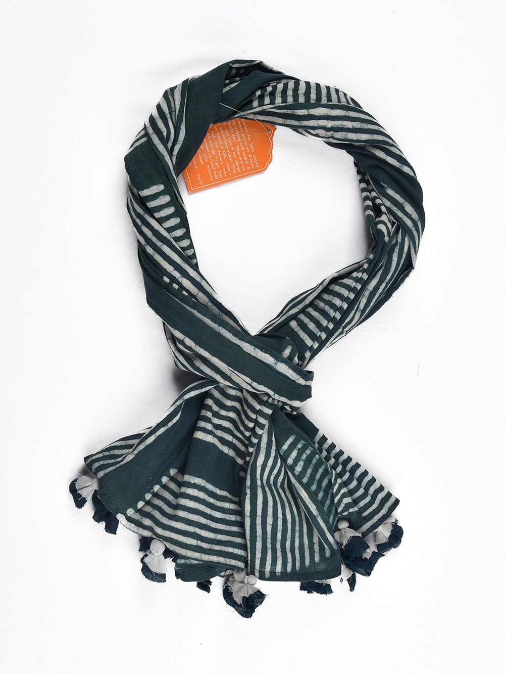 Green Dabu Assymetrical Stripes Cotton Voile Block Printed Stole