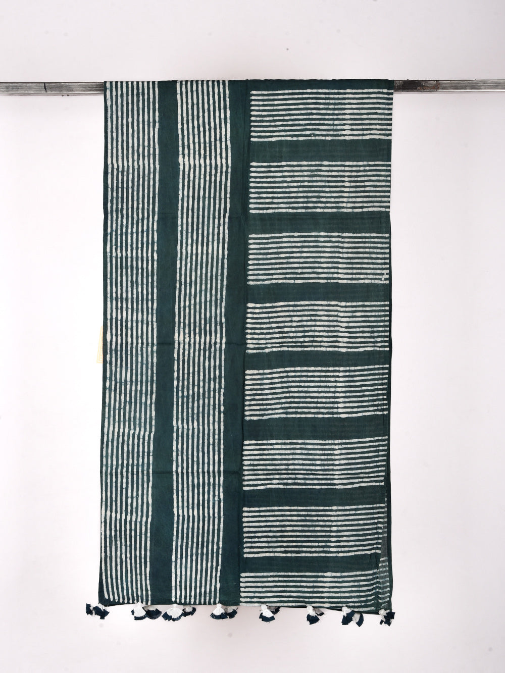 Green Dabu Assymetrical Stripes Cotton Voile Block Printed Stole