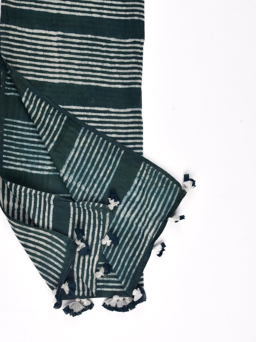 Green Dabu Assymetrical Stripes Cotton Voile Block Printed Stole