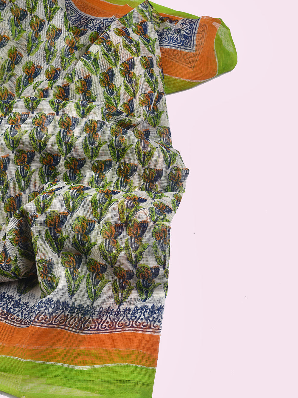 Tulip Flower Hand Block Printed Pattern Kota Doria Dupatta