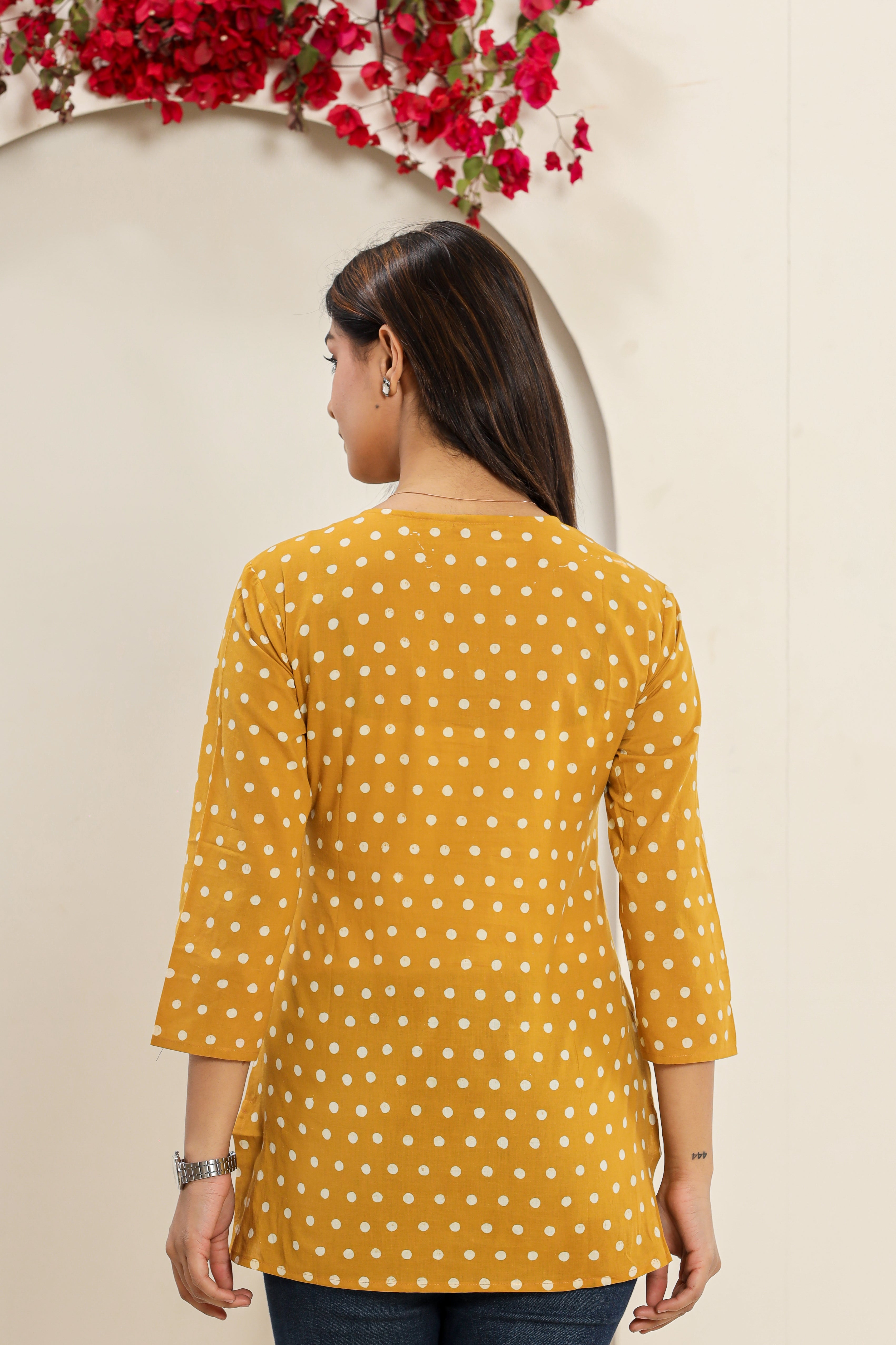 Sunshine Yellow Polka Dots Lounge Womens Hand Block Printed Tops