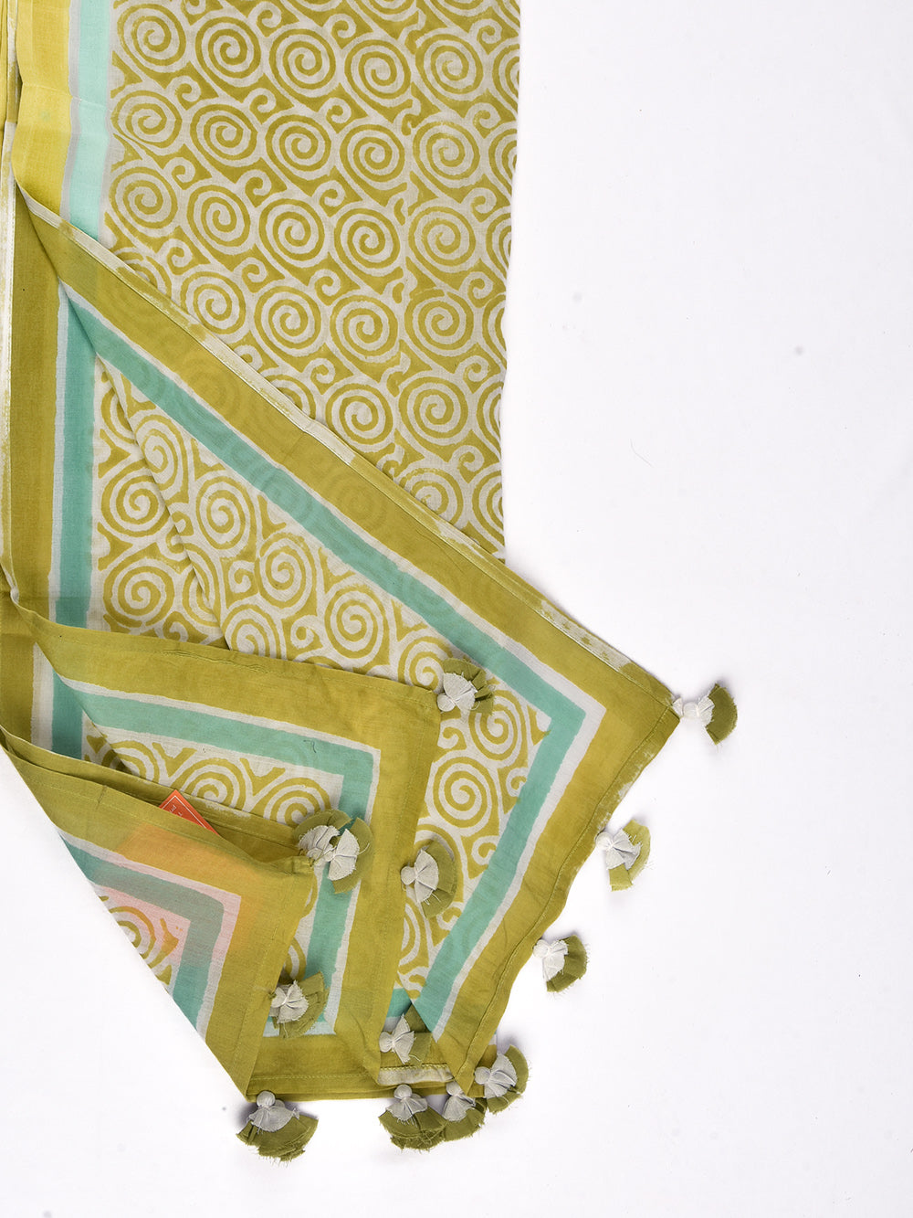 Green Sanganeri Spirals Cotton Voile Block Printed Stole