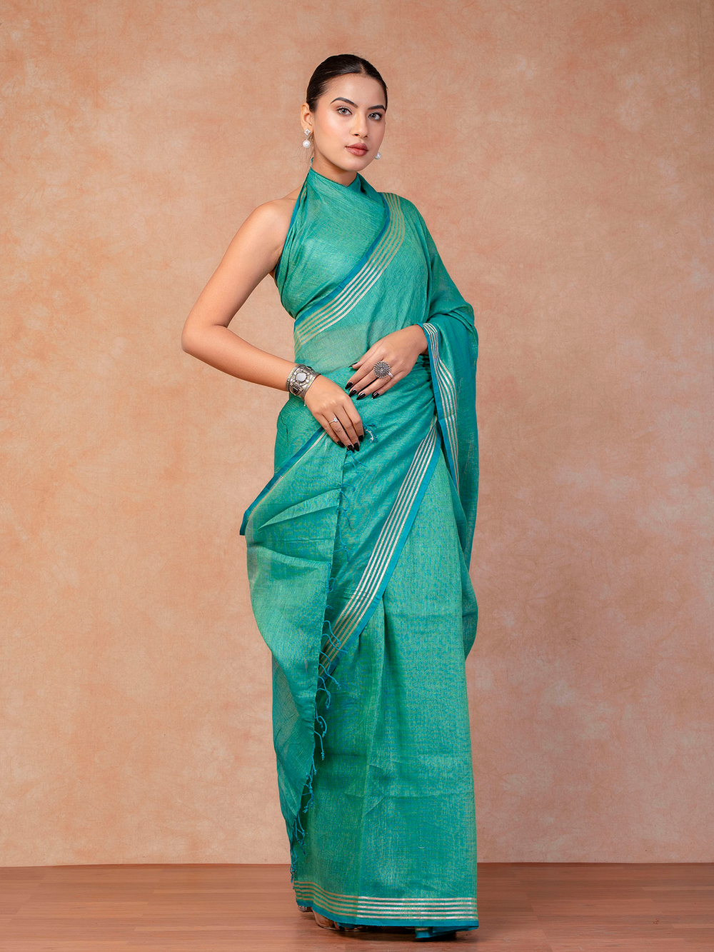 Turquoise Cross Dyed Pure Linen Saree with Blouse