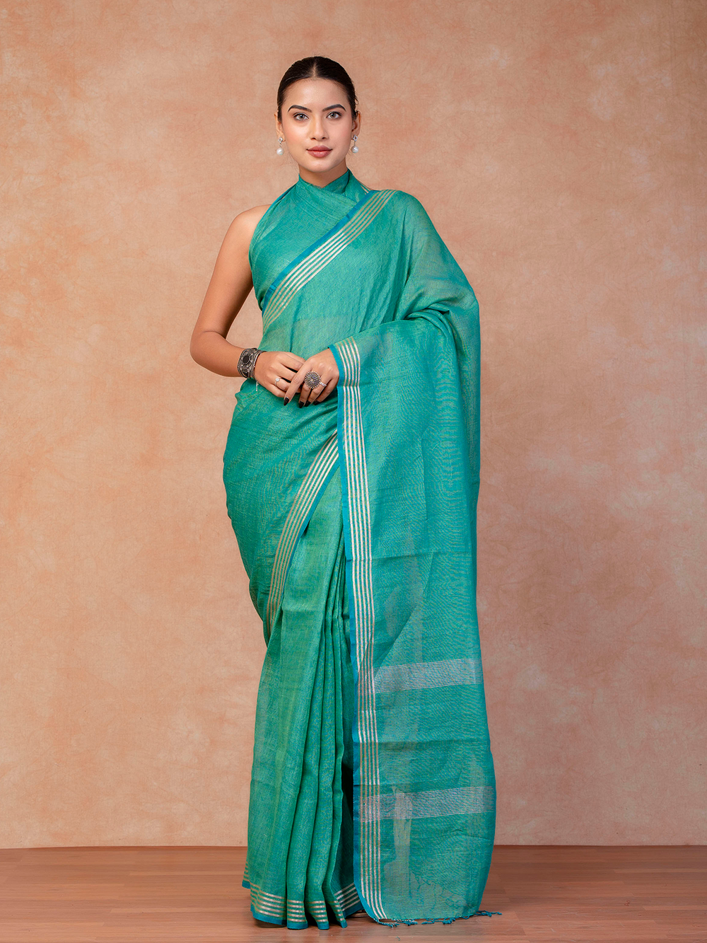 Turquoise Cross Dyed Pure Linen Saree with Blouse