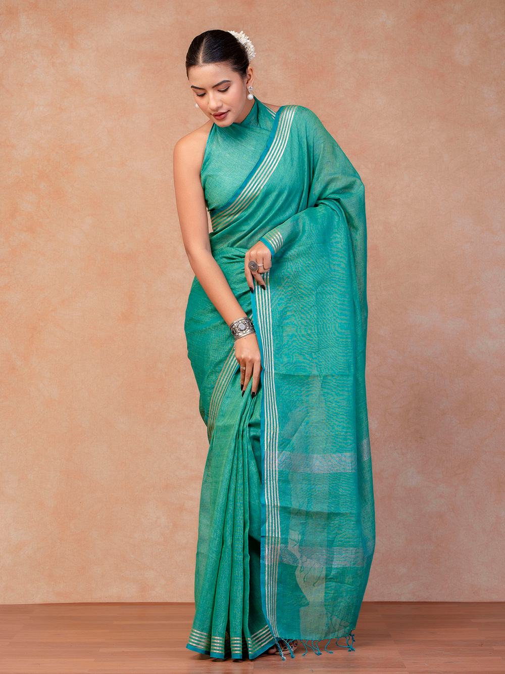 Turquoise Cross Dyed Pure Linen Saree with Blouse
