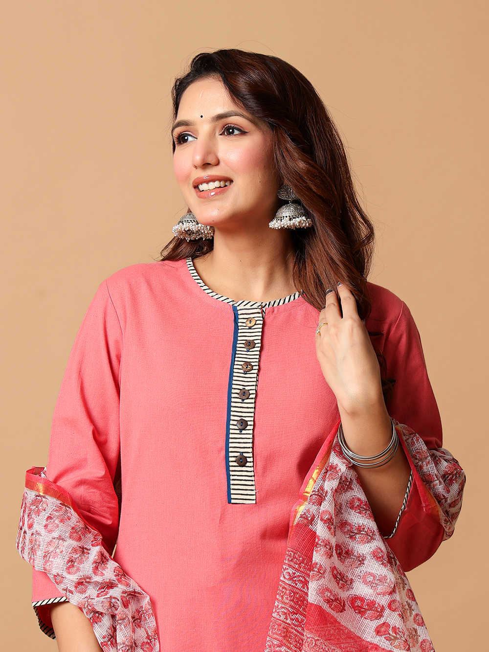Coral Pink Kurta Pant Dupatta Set