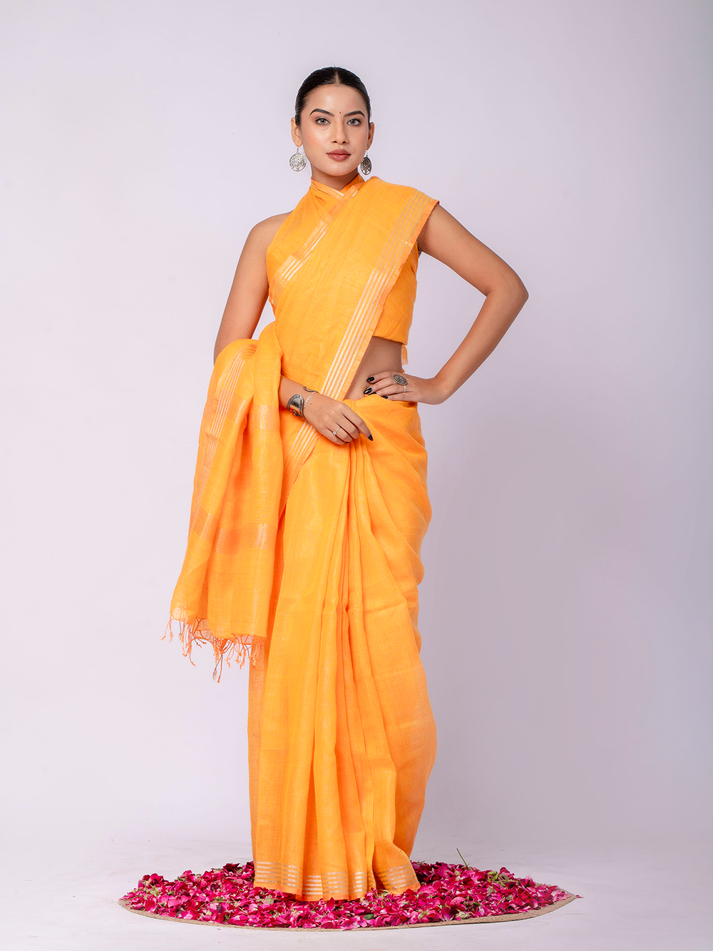 Sunflower Yellow Cross Dyed Pure Linen Saree with Blouse
