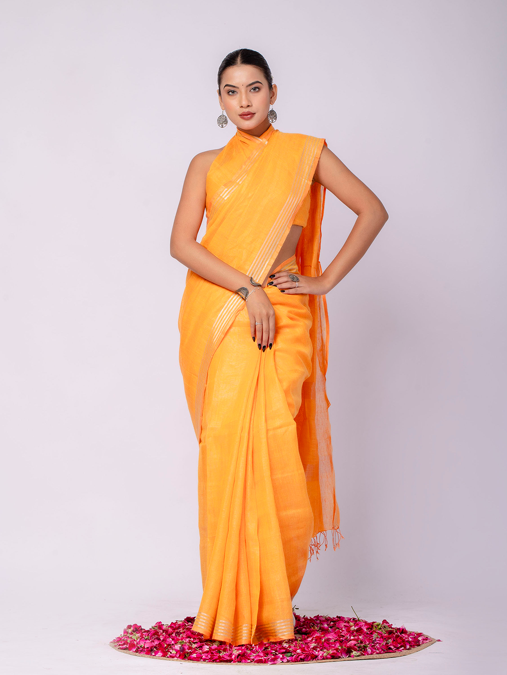 Sunflower Yellow Cross Dyed Pure Linen Saree with Blouse