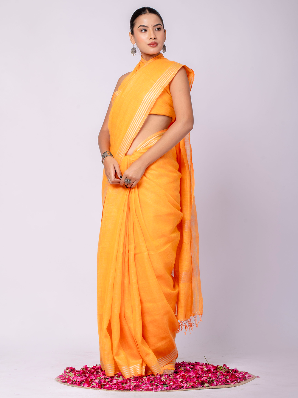 Sunflower Yellow Cross Dyed Pure Linen Saree with Blouse