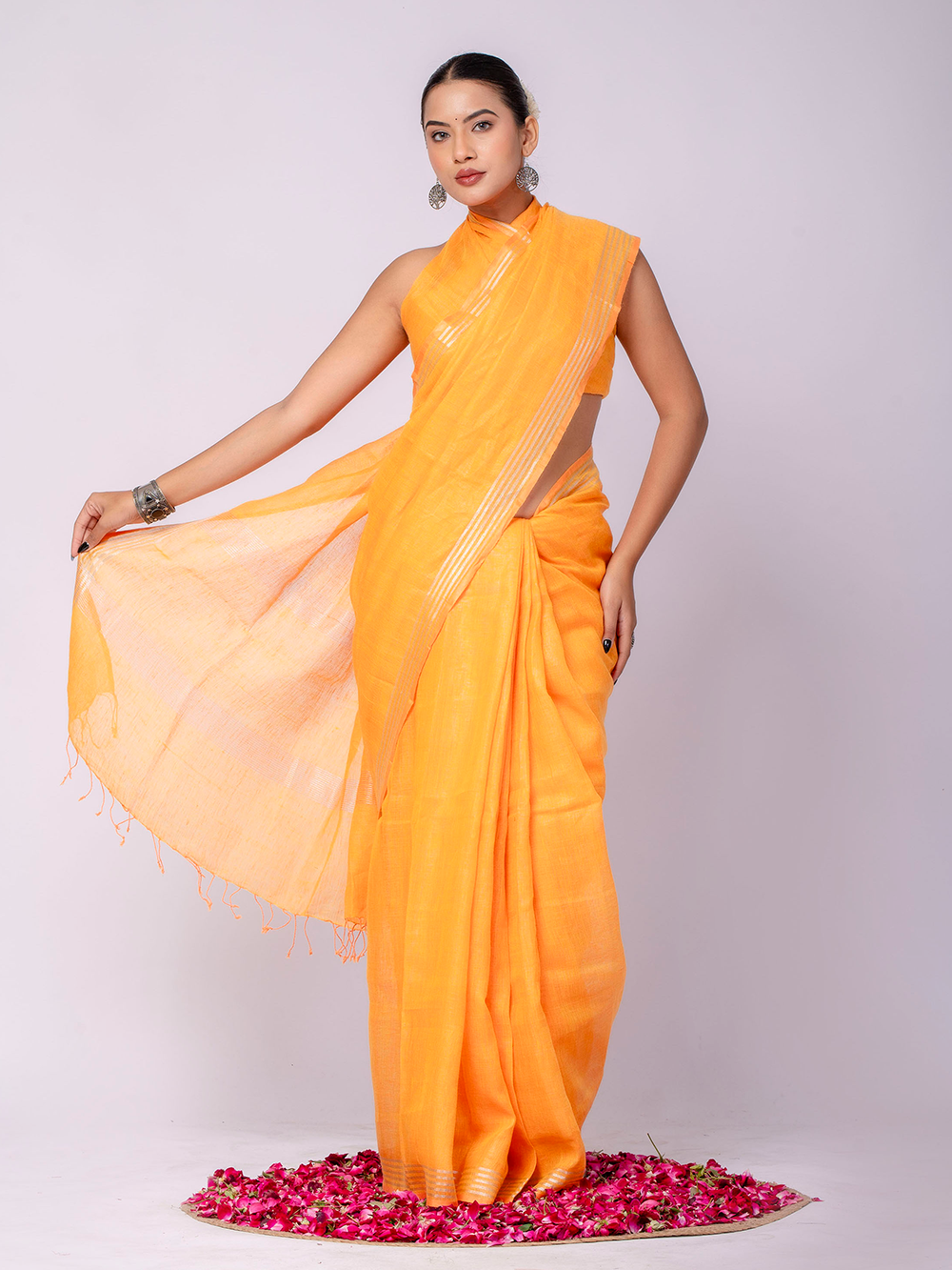 Sunflower Yellow Cross Dyed Pure Linen Saree with Blouse