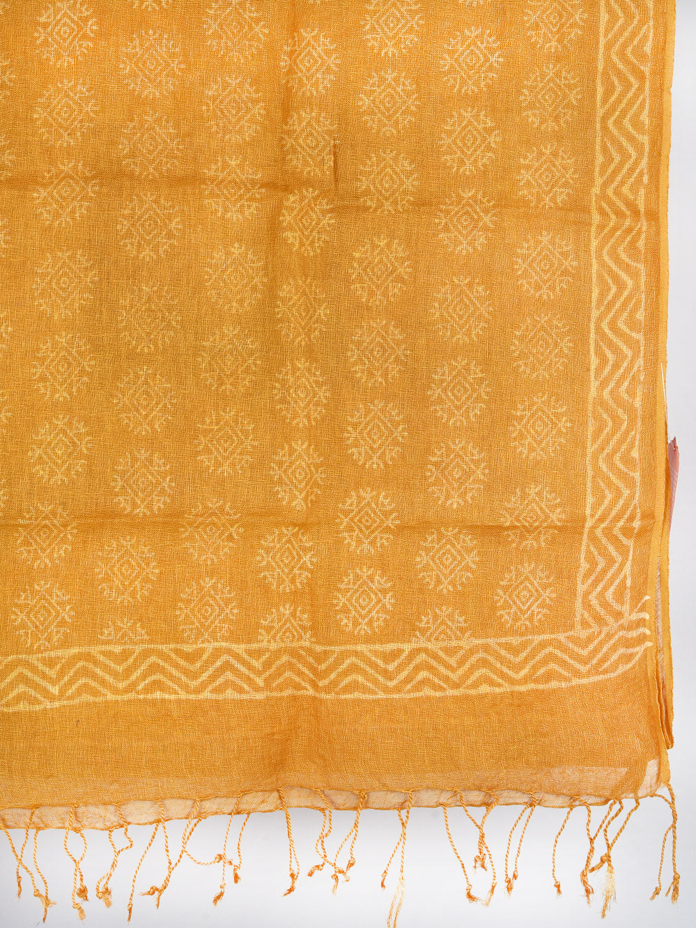 Yellow Abstract Flower Hand Printed Pure Linen Dupatta