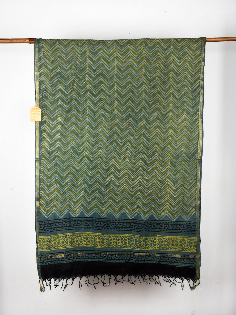 Green Chevron Zigzag Hand Block Printed Cotton Dupatta with Zari Border
