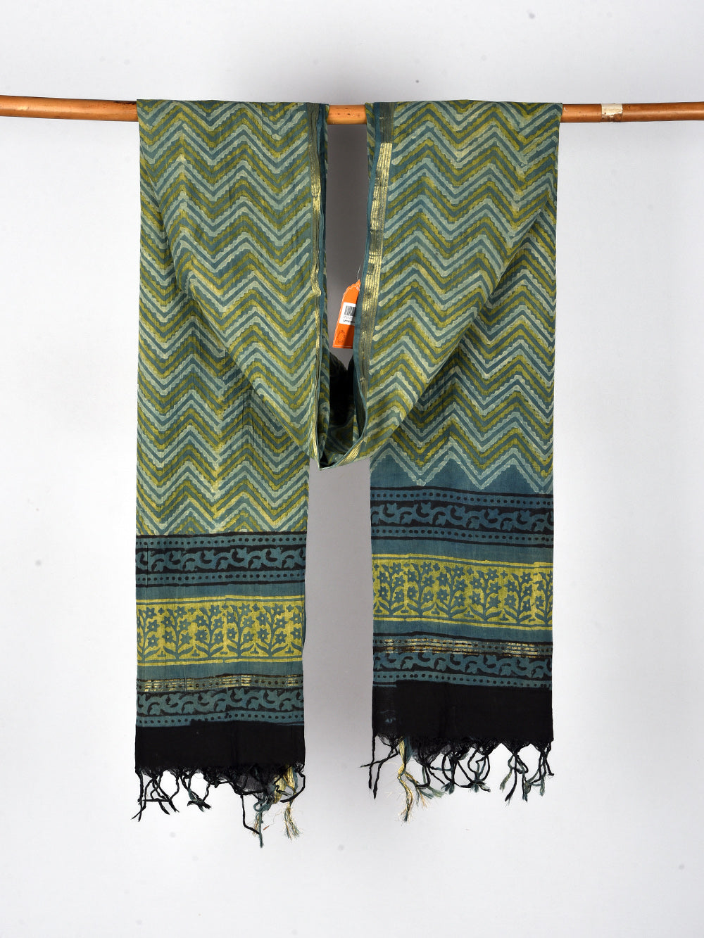 Green Chevron Zigzag Hand Block Printed Cotton Dupatta with Zari Border