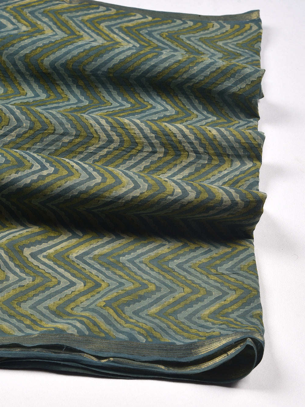 Green Chevron Zigzag Hand Block Printed Cotton Dupatta with Zari Border