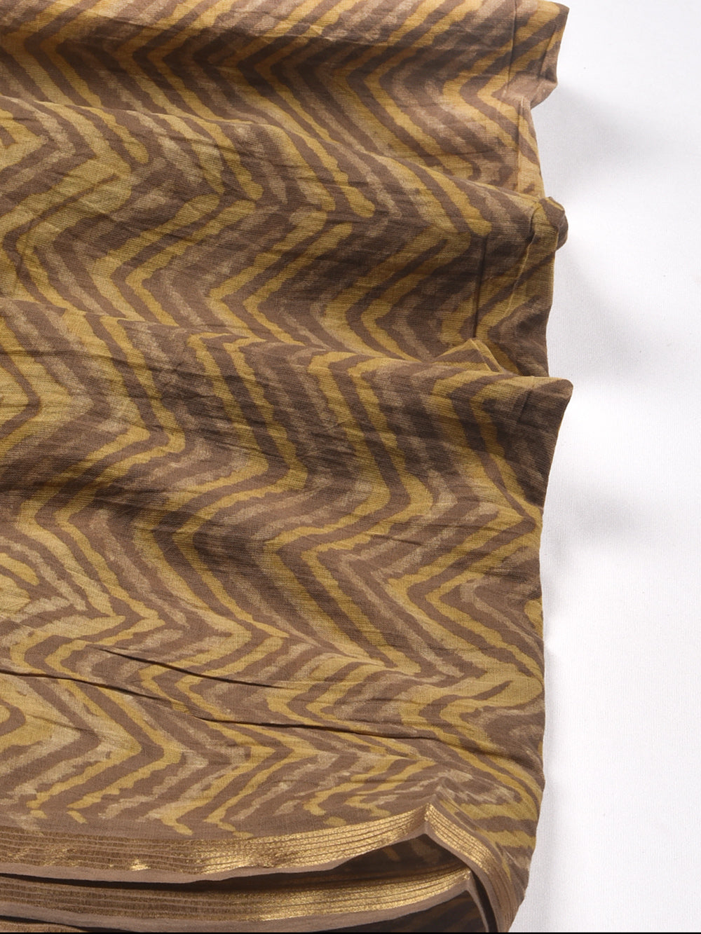 Brown Chevron Zigzag Hand Block Printed Cotton Dupatta with Zari Border