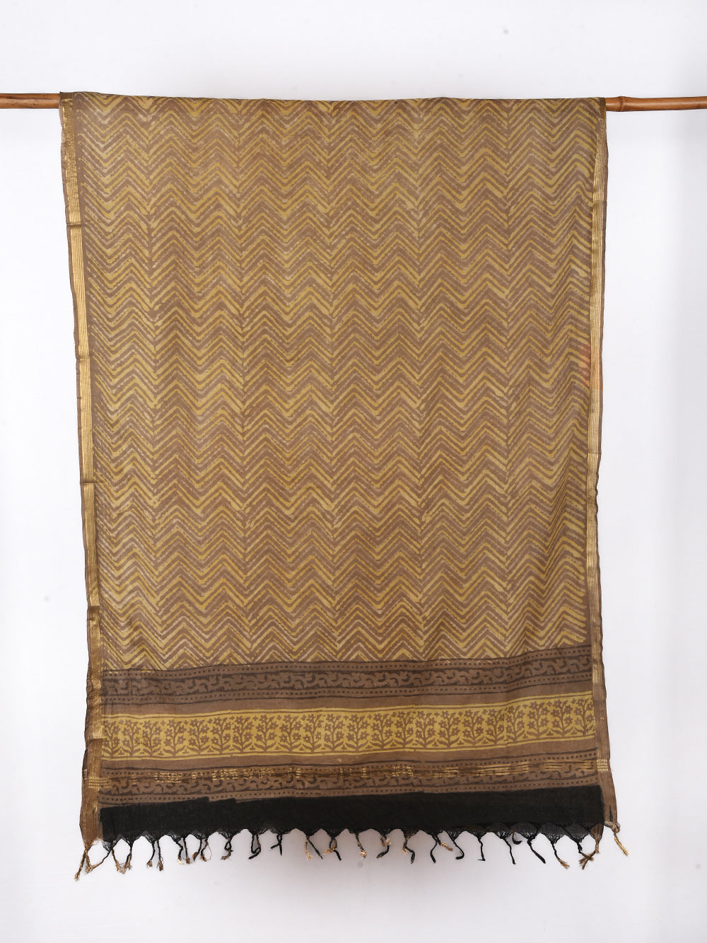 Brown Chevron Zigzag Hand Block Printed Cotton Dupatta with Zari Border