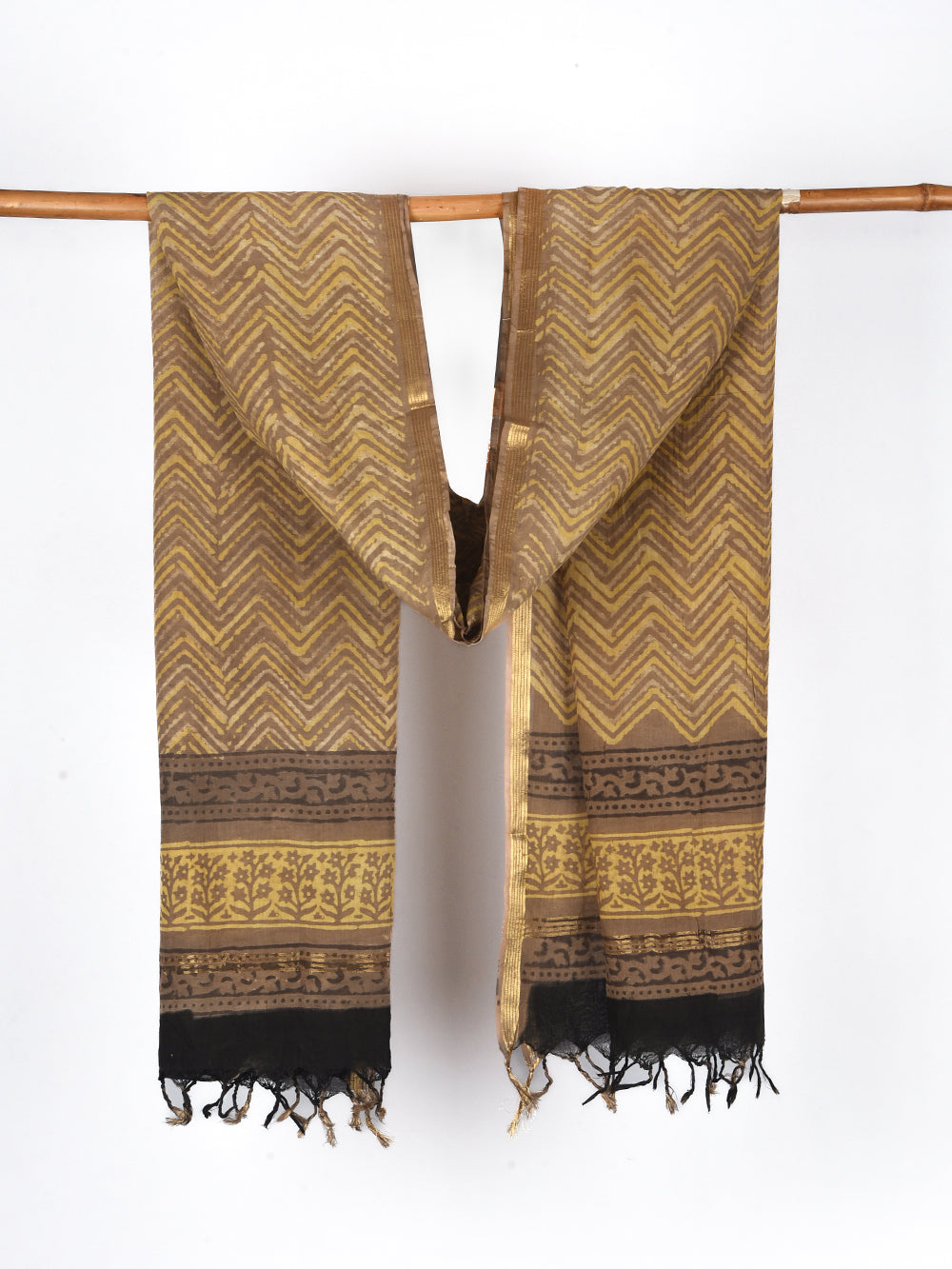Brown Chevron Zigzag Hand Block Printed Cotton Dupatta with Zari Border