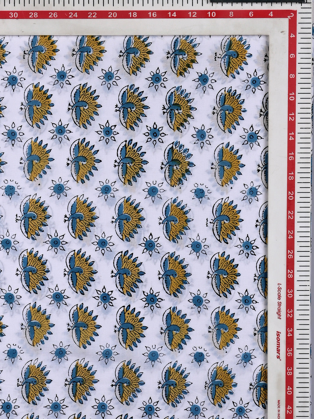 Blue - Ochre Yellow Peacock Pattern Rapid Cotton Cambric Fabrics
