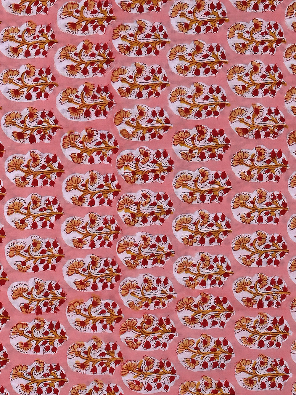 Peach Flower Booti Plant Motif Cotton Cambric Sanganeri Block Printed Fabric