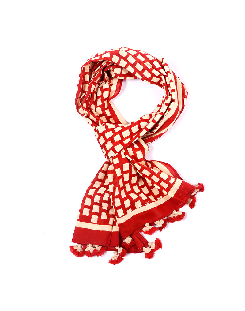 Red Brick Cotton Voile Block Printed Stole