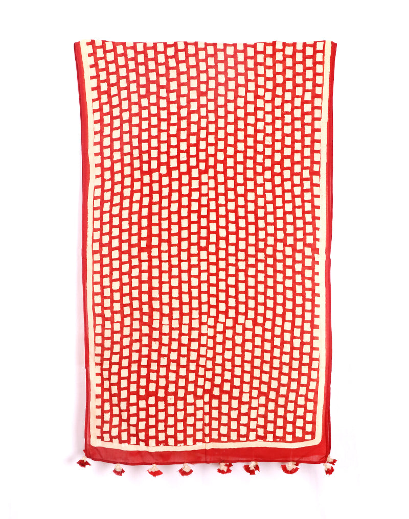 Red Brick Cotton Voile Block Printed Stole