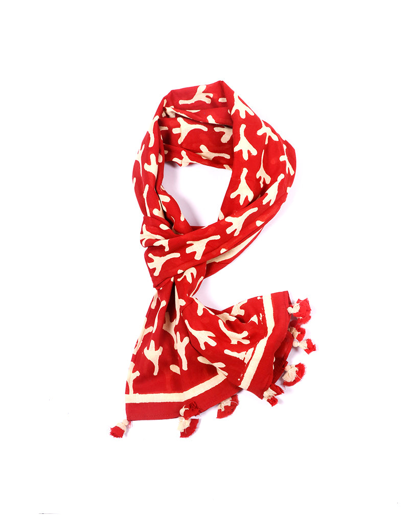 Red Bird Feet Cotton Voile Block Printed Stole