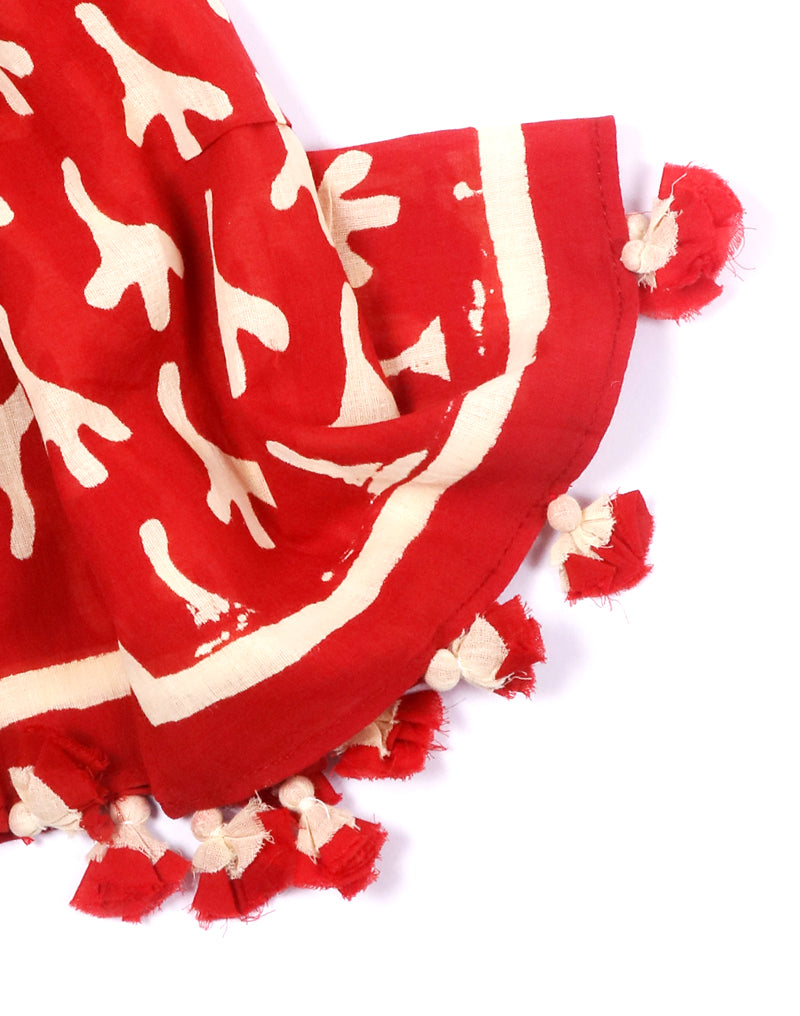 Red Bird Feet Cotton Voile Block Printed Stole