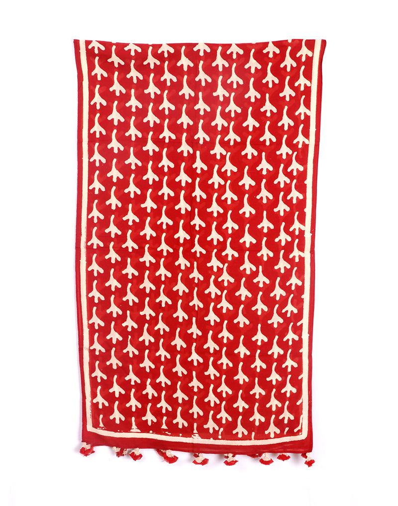 Red Bird Feet Cotton Voile Block Printed Stole