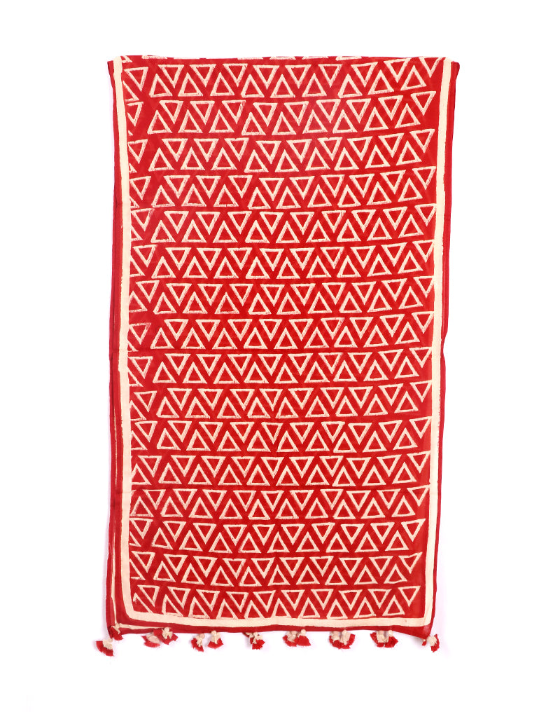 Red Triangle Cotton Voile Block Printed Stole