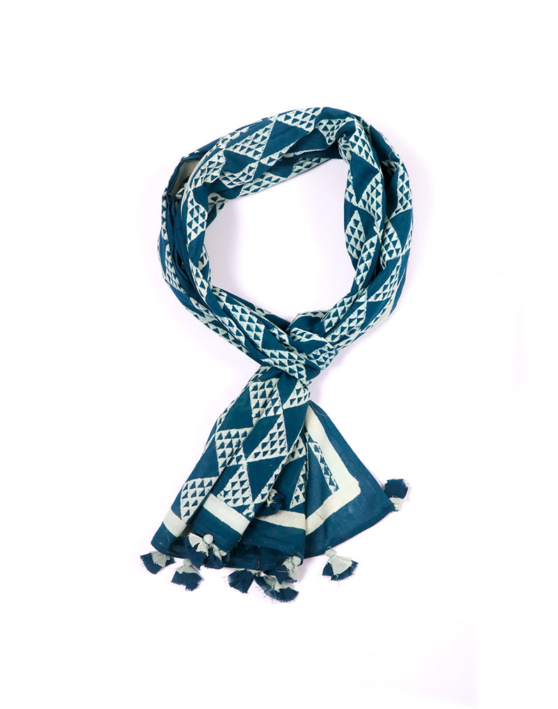 Dark Blue Aztec Cotton Voile Block Printed Stole