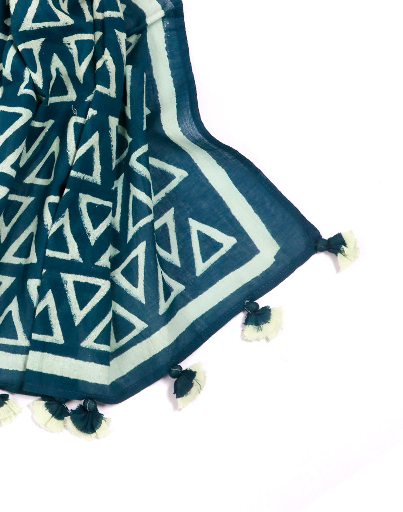 Dark Blue Triangle Cotton Voile Block Printed Stole