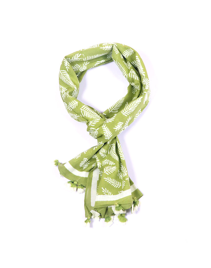 Green Long Leaf Cotton Voile Block Printed Stole