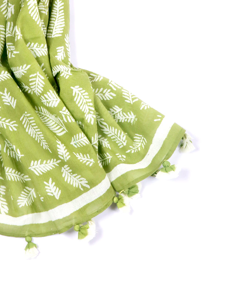 Green Long Leaf Cotton Voile Block Printed Stole