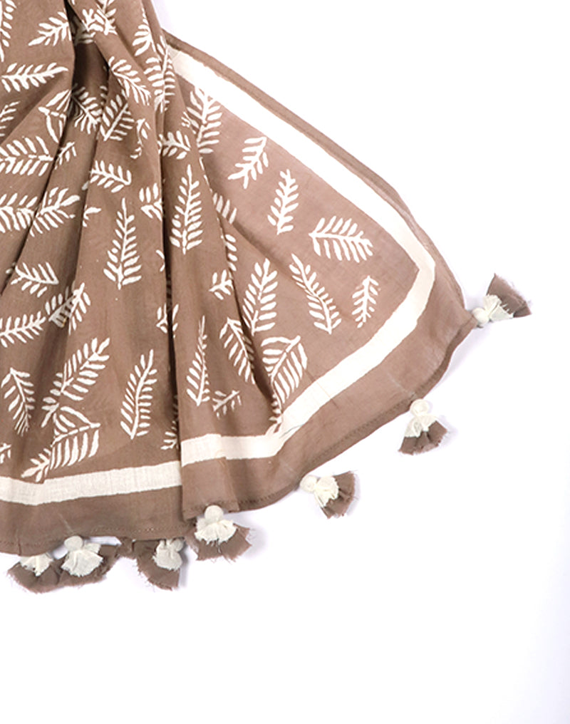 Grey Long Leaf Cotton Voile Block Printed Stole