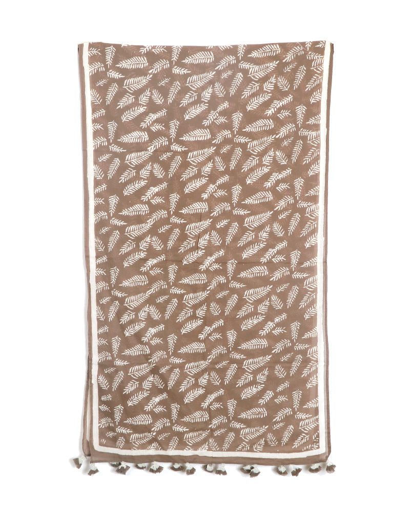 Grey Long Leaf Cotton Voile Block Printed Stole