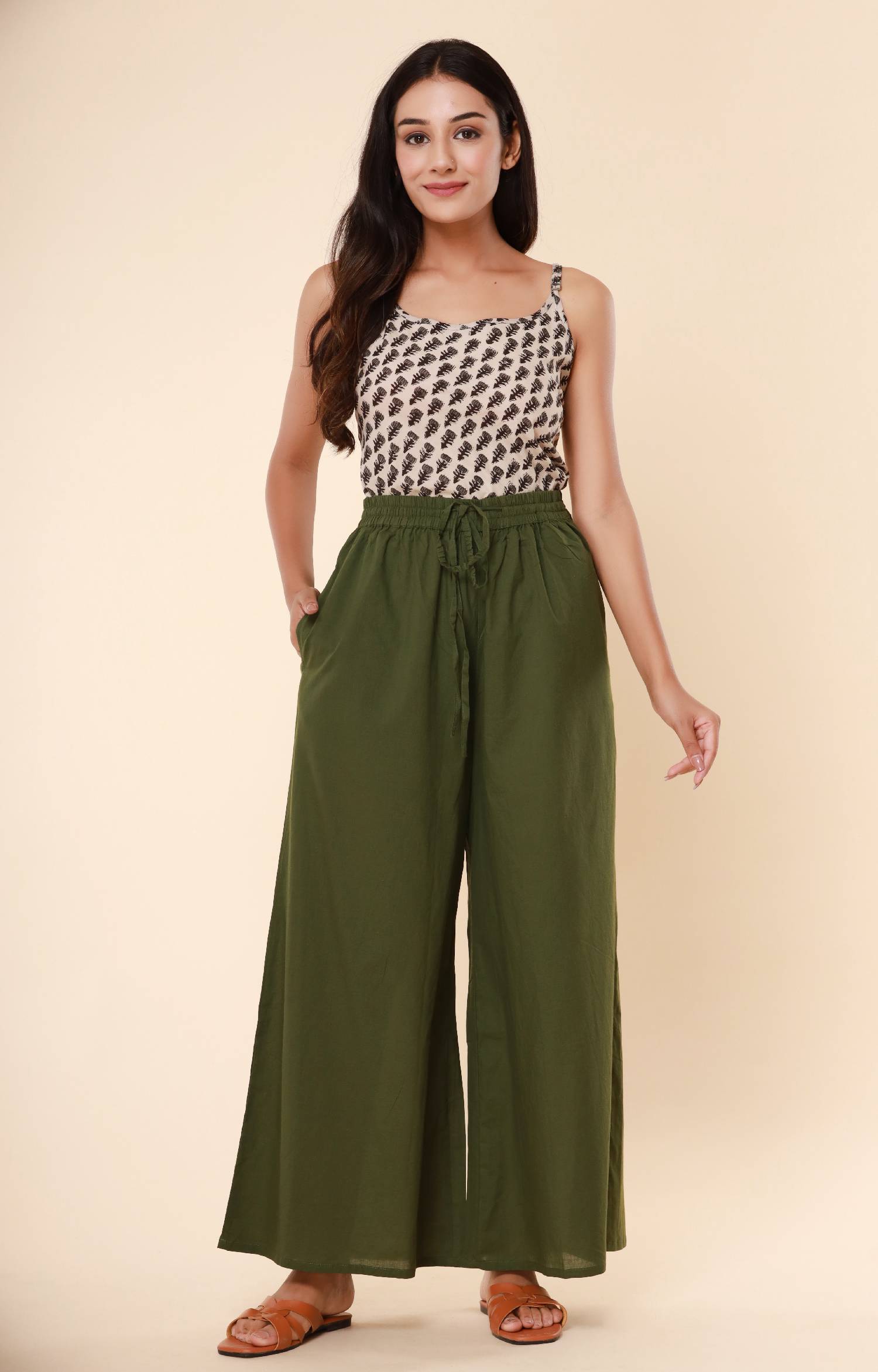 Olive Green Cotton Cambric Palazzo