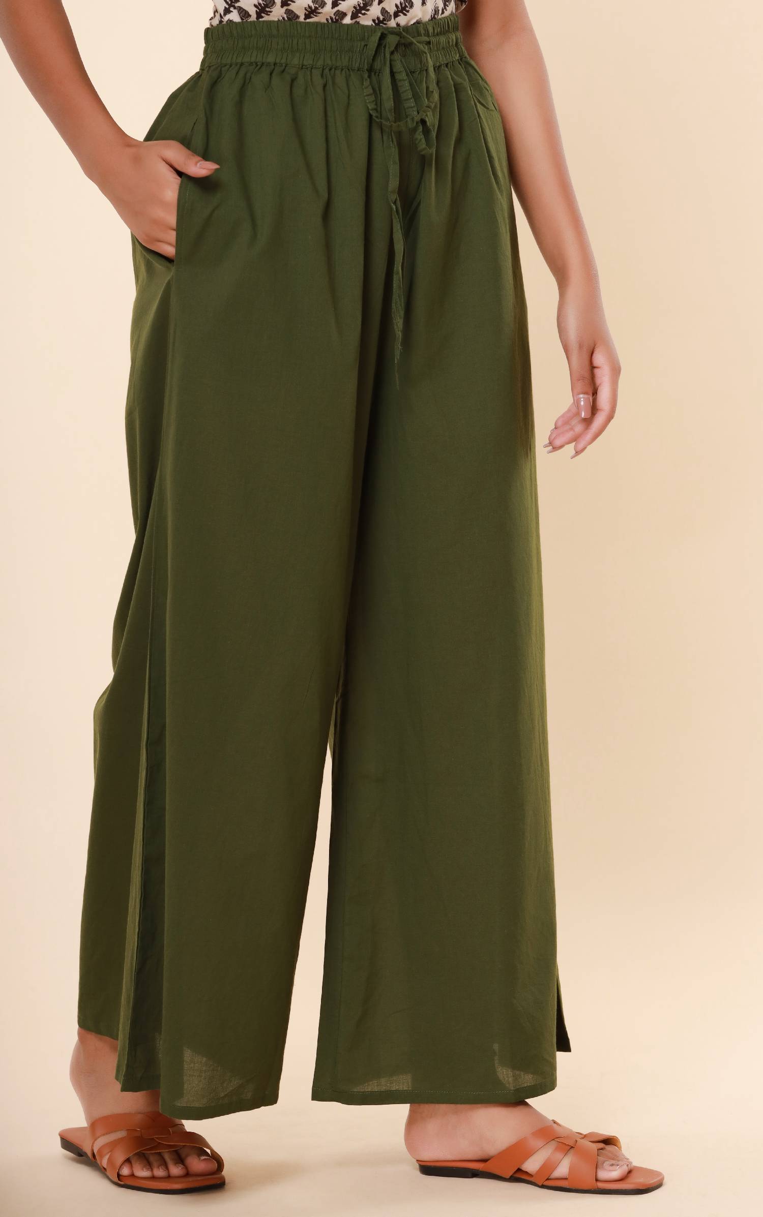 Olive Green Cotton Cambric Palazzo