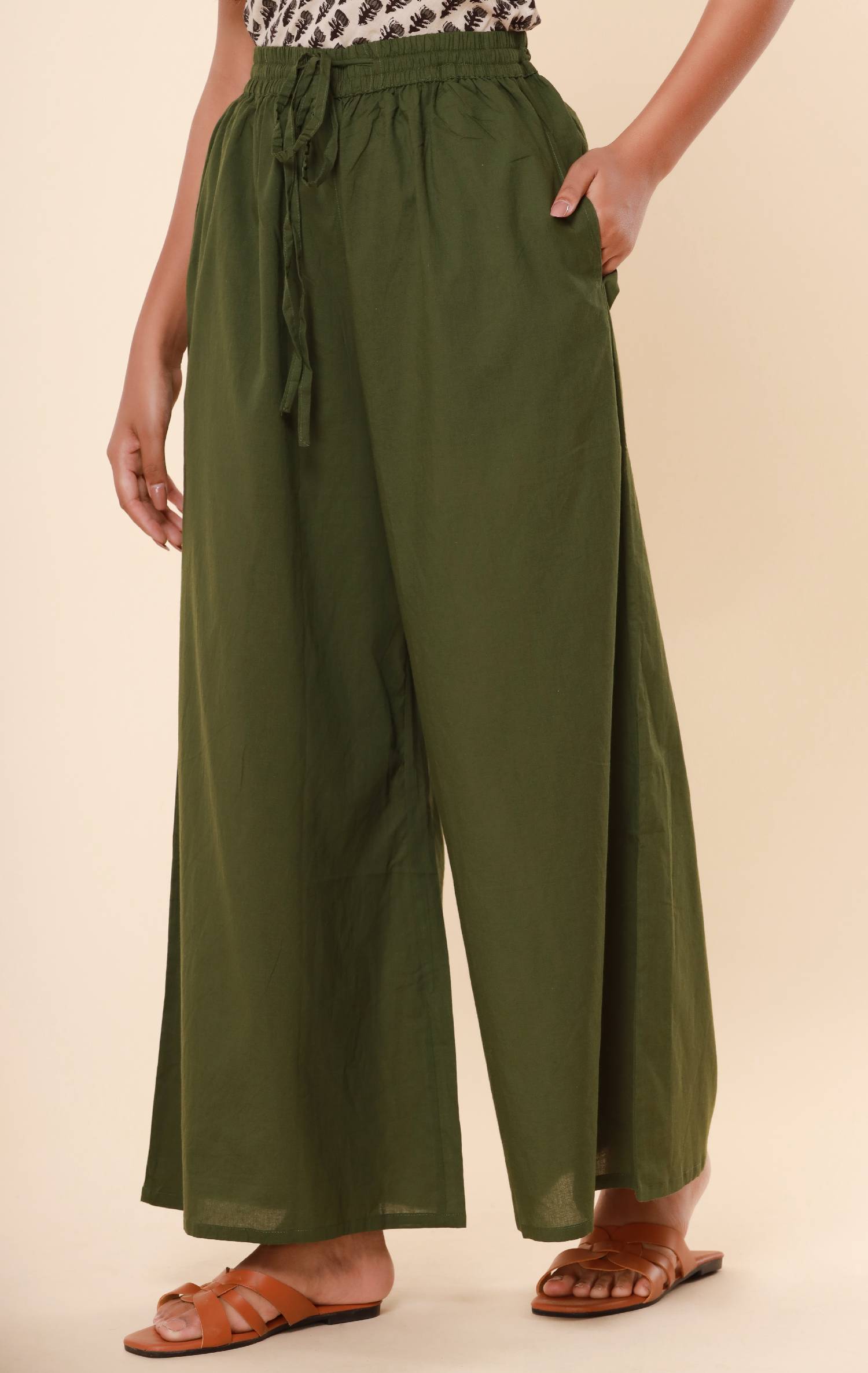 Olive Green Cotton Cambric Palazzo