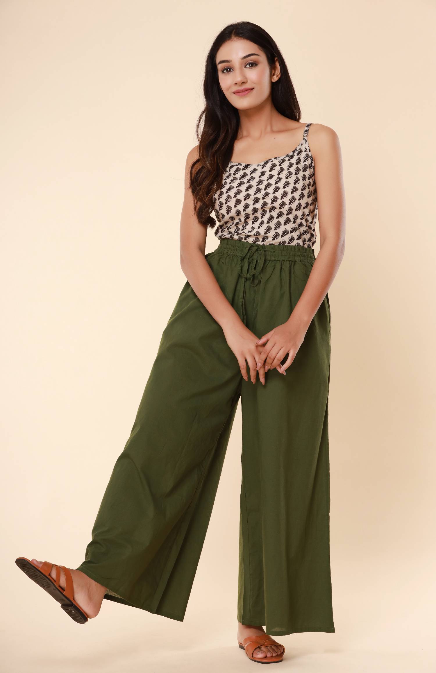 Olive Green Cotton Cambric Palazzo