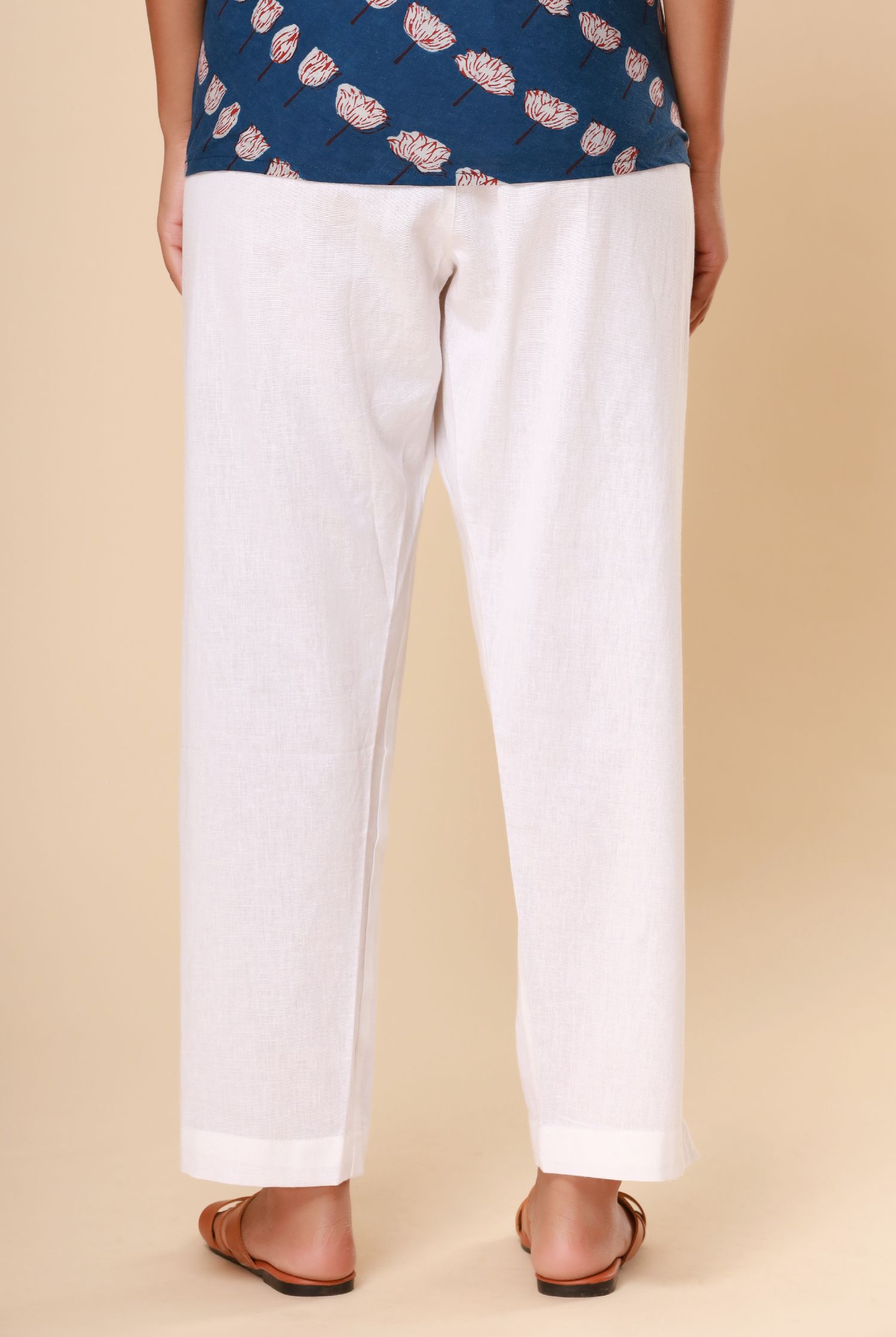 Pure White Cotton Flex Straight Zipper Pants