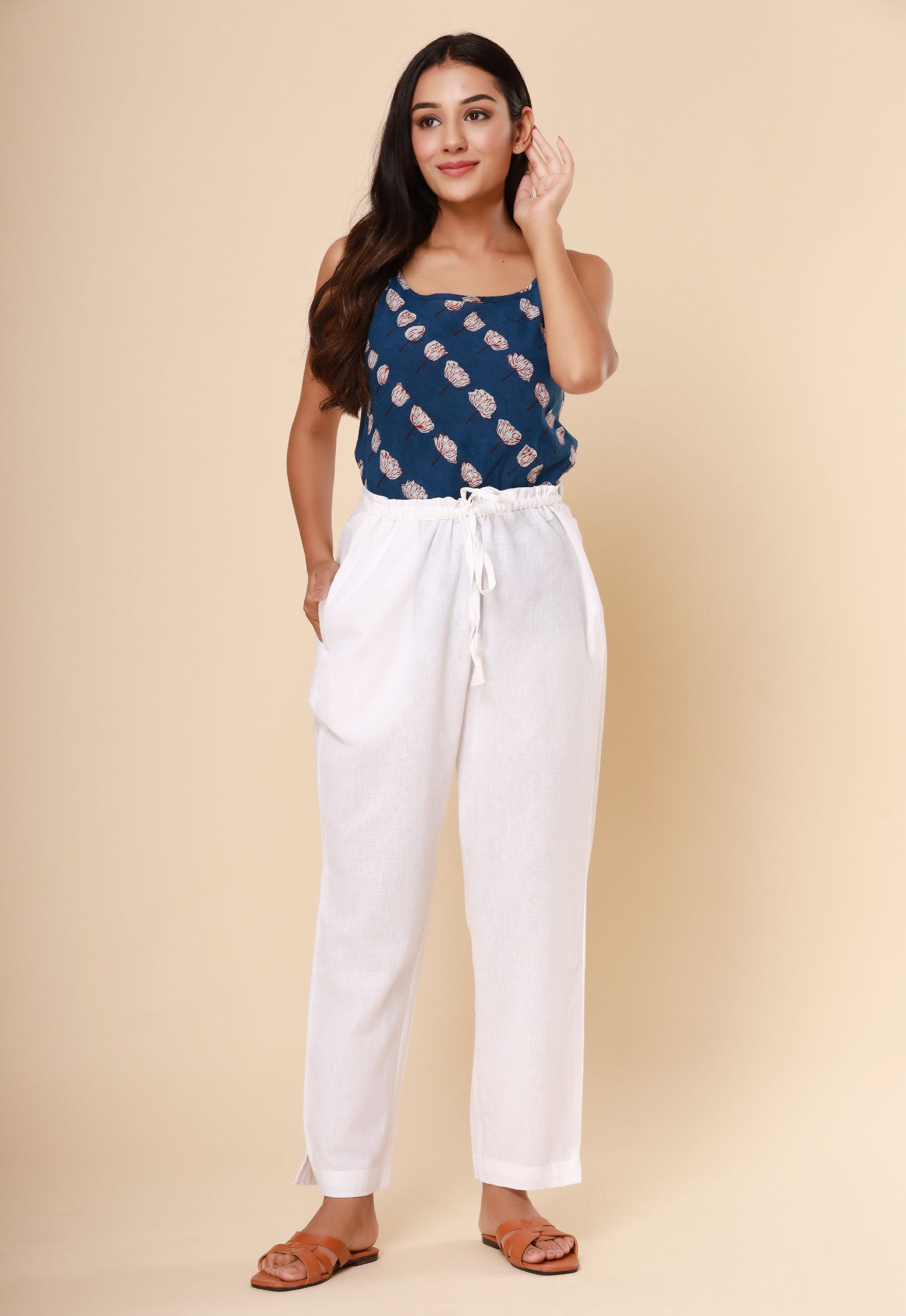 Pure White Cotton Flex Straight Zipper Pants