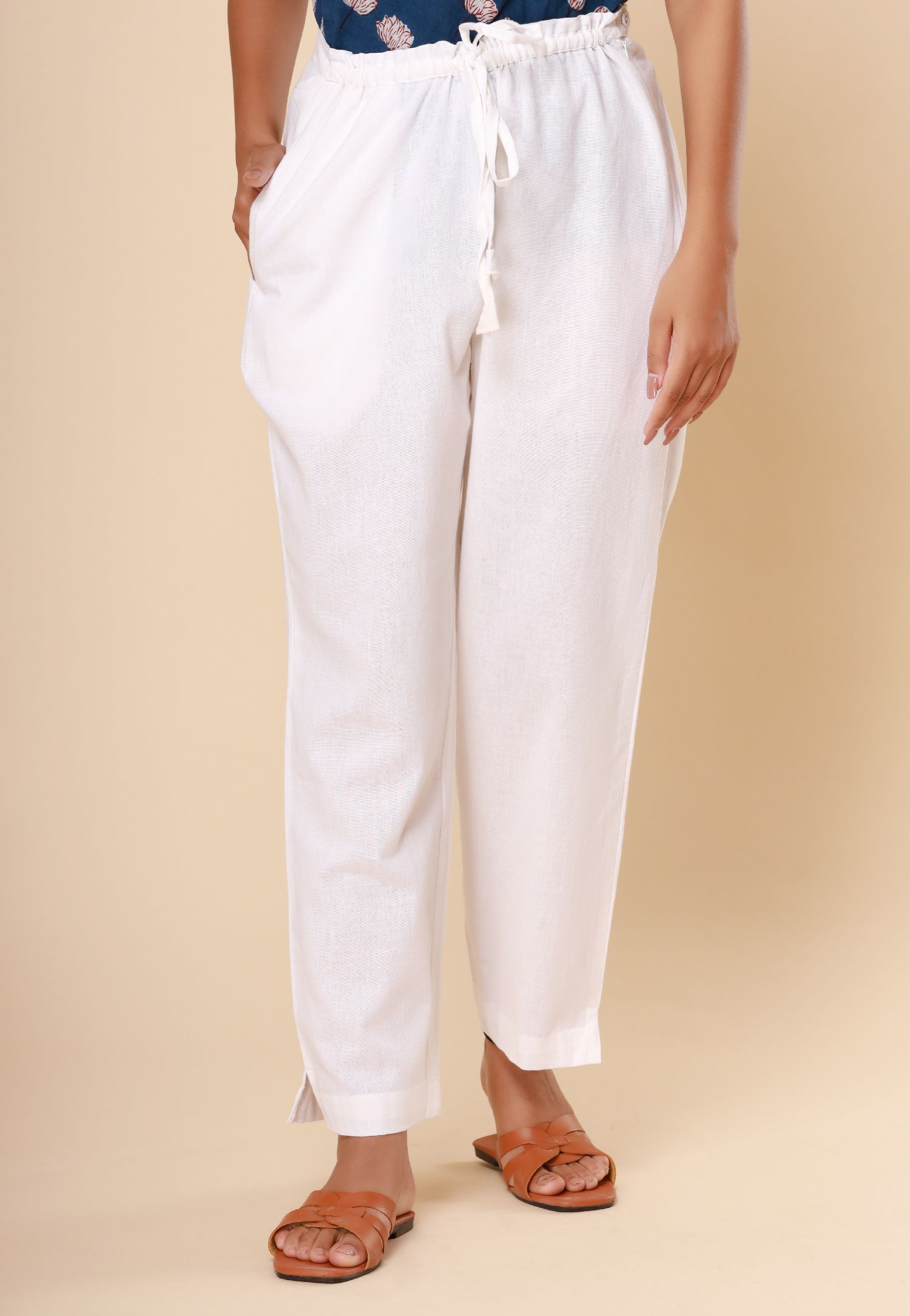 Pure White Cotton Flex Straight Zipper Pants