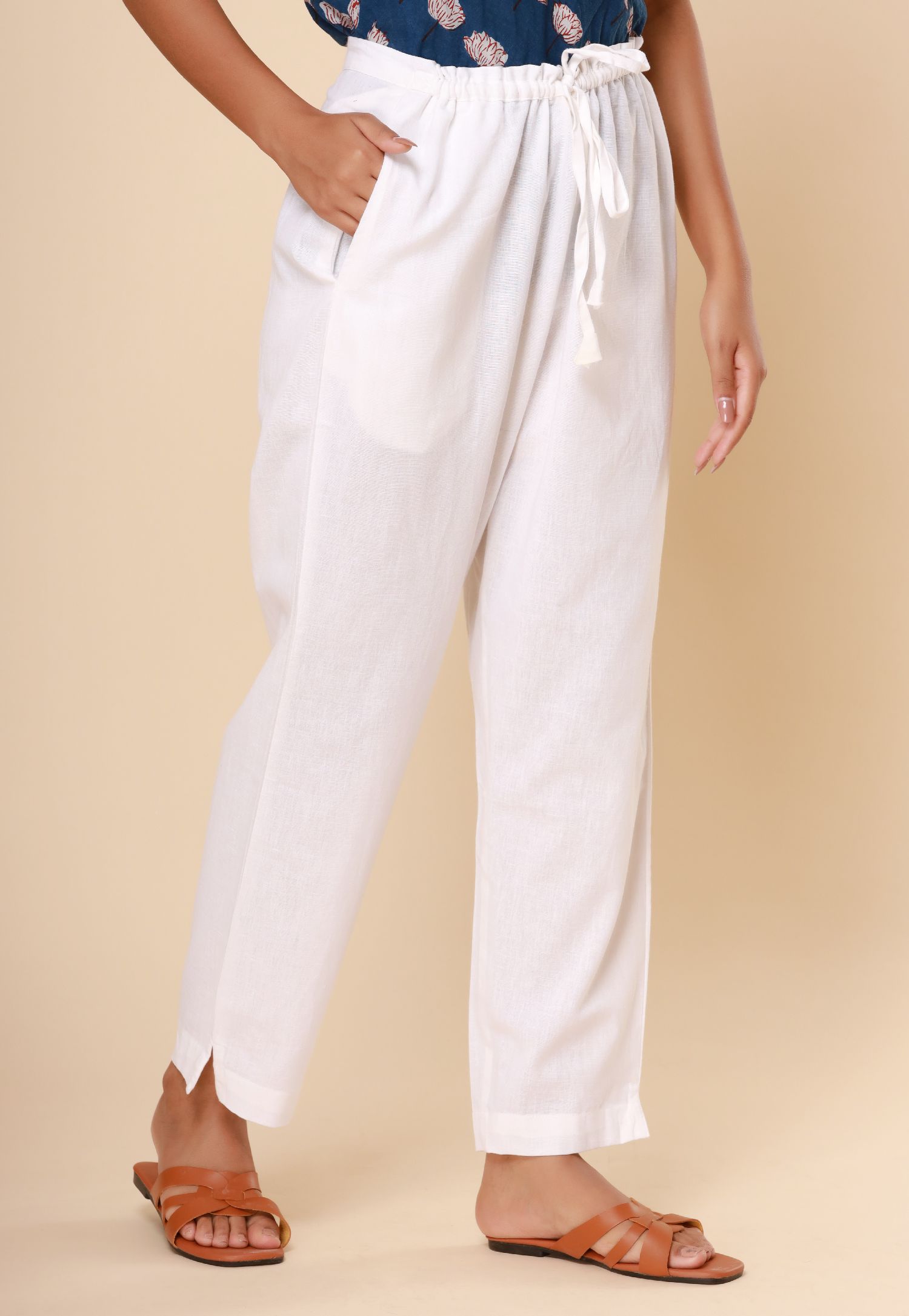 Pure White Cotton Flex Straight Zipper Pants