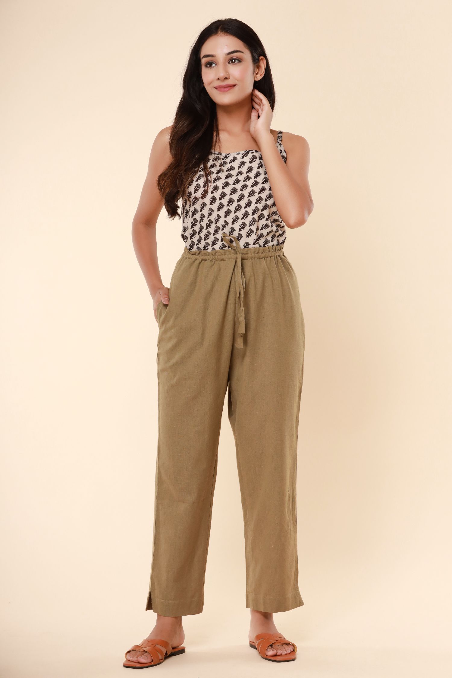 Khaki Cotton Flex Straight Zipper Pants