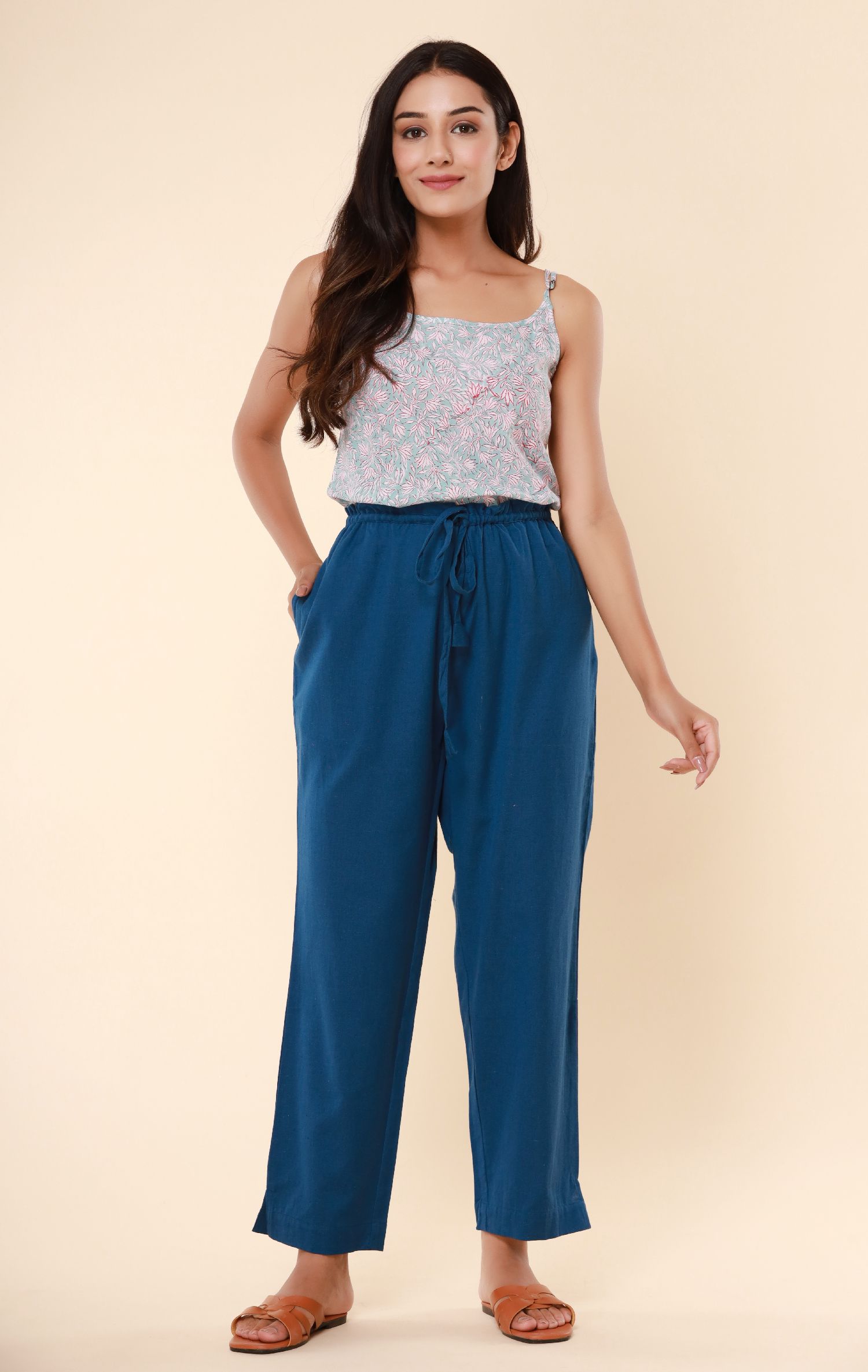 Indigo Blue Cotton Flex Straight Zipper Pants