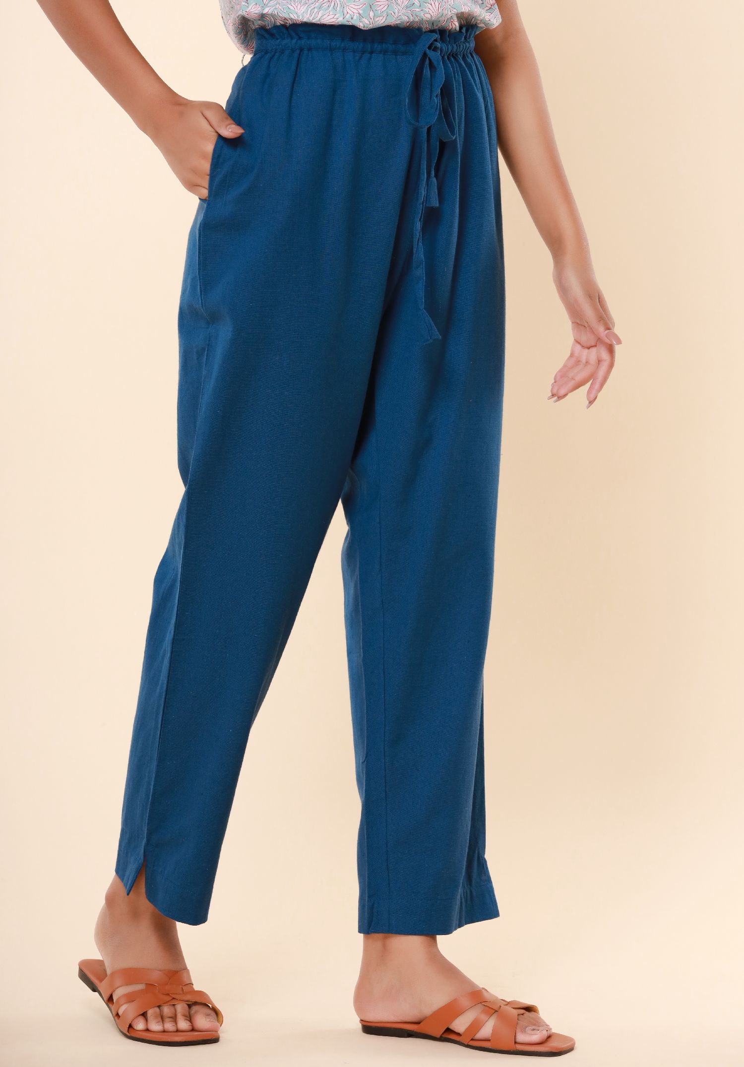 Indigo Blue Cotton Flex Straight Zipper Pants